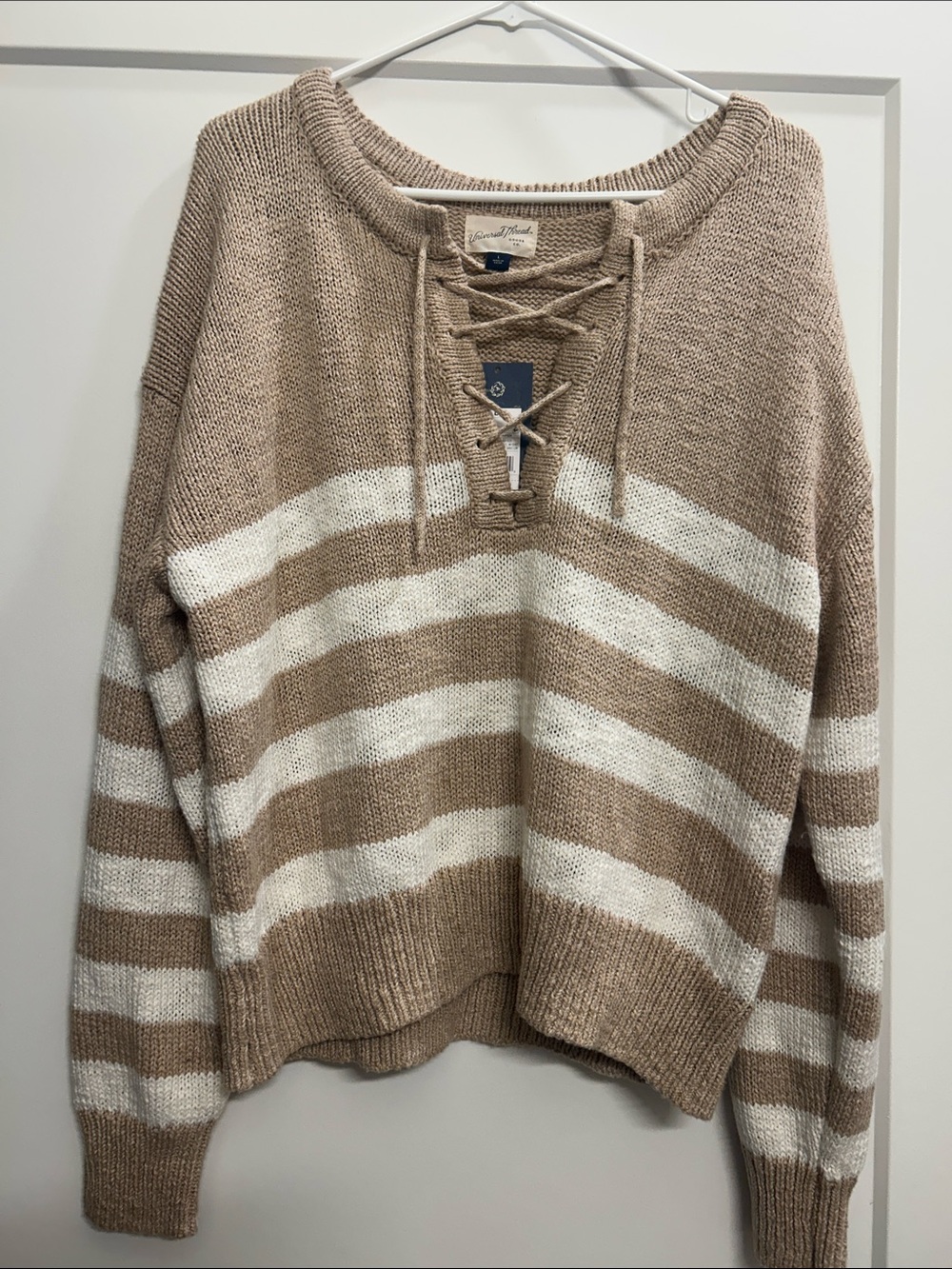Universal Thread (NWT) Lace-Up Striped V-Neck Sweater in Oatmeal Stripe